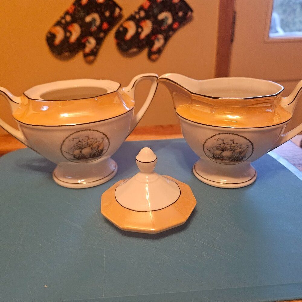 gold lusterware creamer and sugar stunning set made in Bavaria